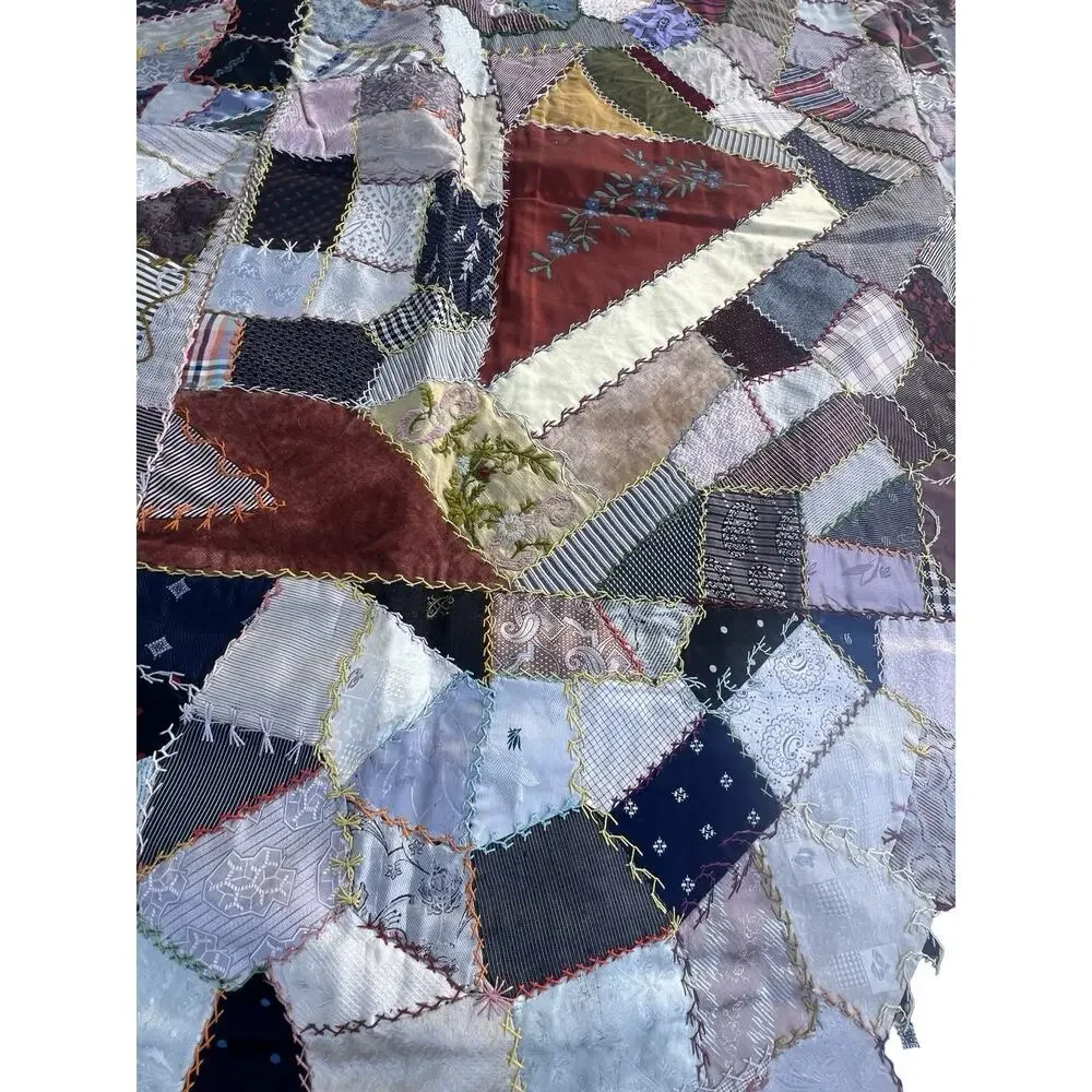 Antique 1933 Crazy quilt Detailed Stitching 62